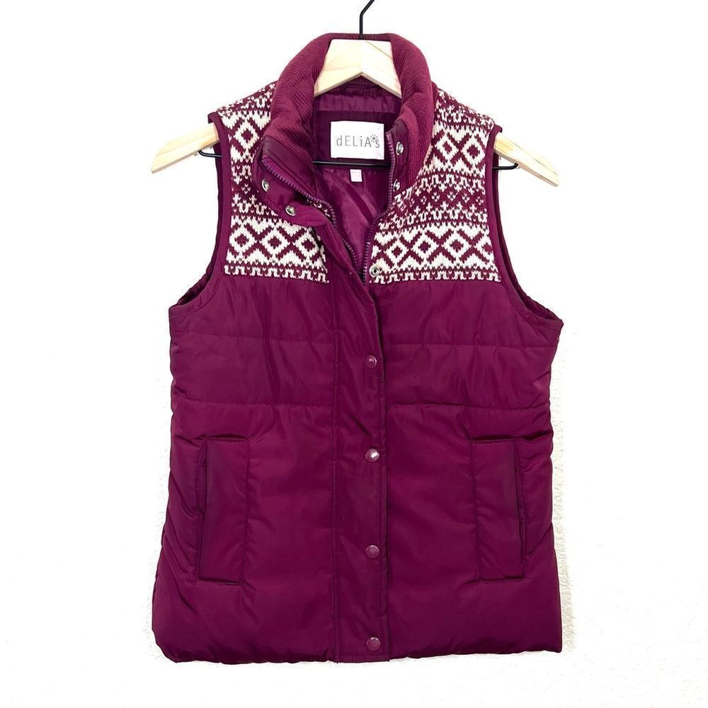 Delia’s Puffer Vest Plumb Purple Fair Isle Nordic Ski Snow Size S